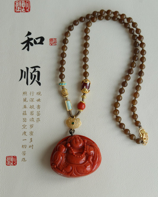 A1864 Superb Chinese Nanhong Agate Carved Laughing Buddha Pendant w Hetian Jade & Turquoise & Jadeite Beads Necklace