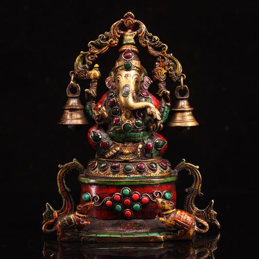 A1865 Tibetan Buddhism Gilt Gold Copper Inlay Turquoise & Gems Ganesha Buddha Statue