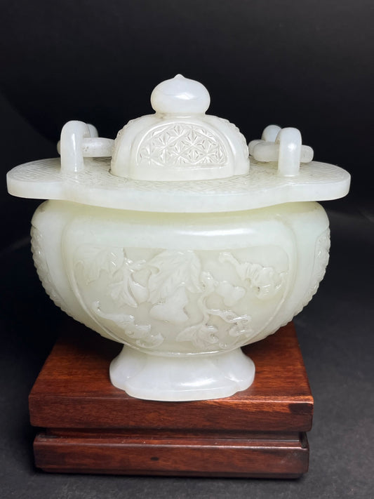A1868 Superb Chinese Hetian Jade Carved Gourd Design Handle Pot