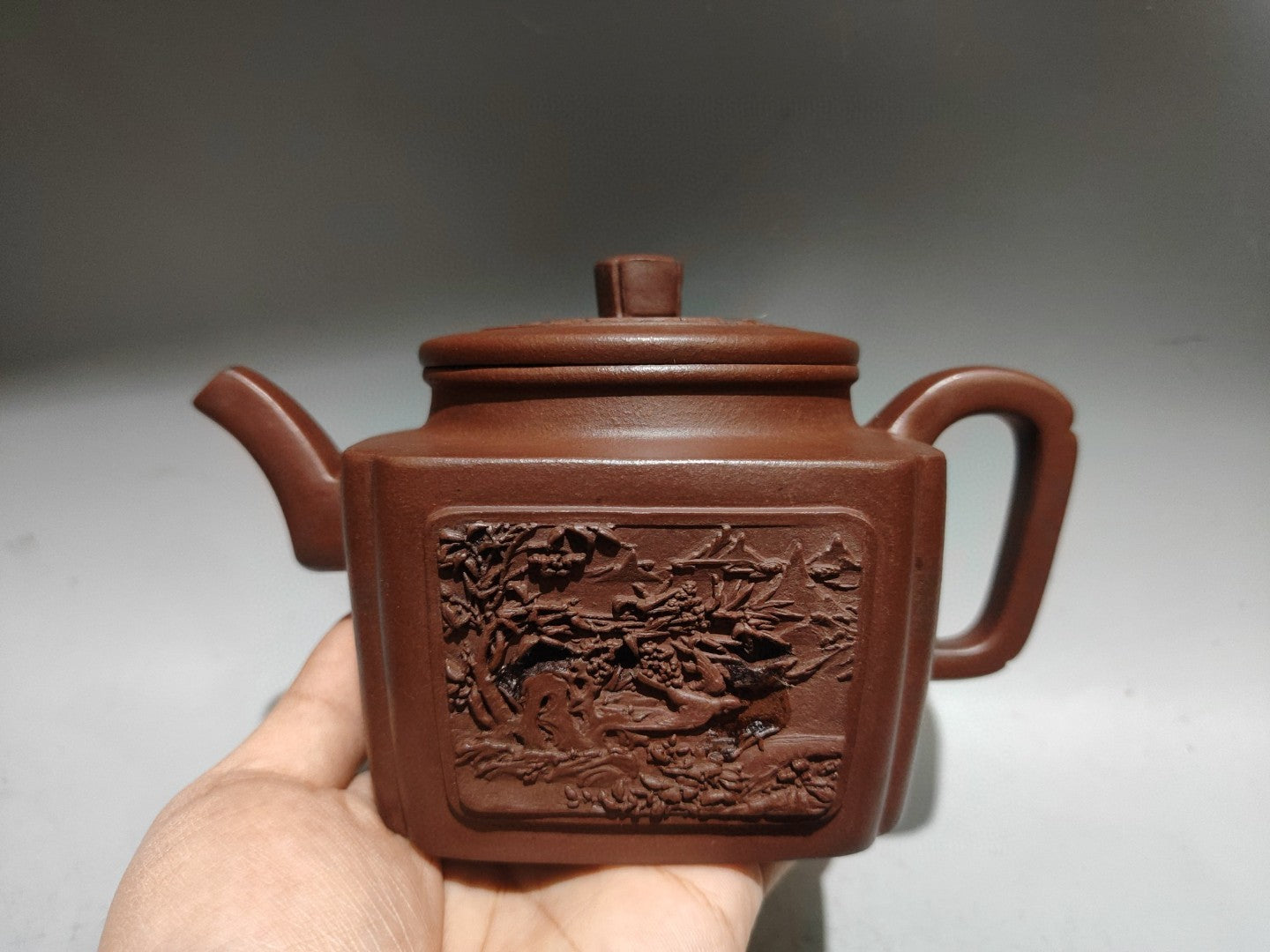 A1877 Chinese Yixing Zisha Low Relief Plum Flower & Magpie Teapot
