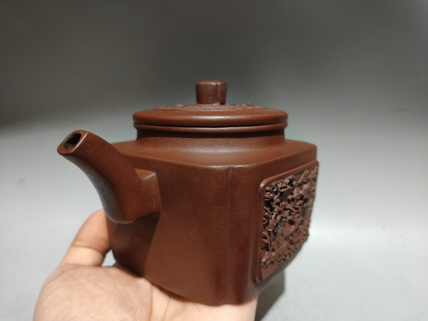 A1877 Chinese Yixing Zisha Low Relief Plum Flower & Magpie Teapot