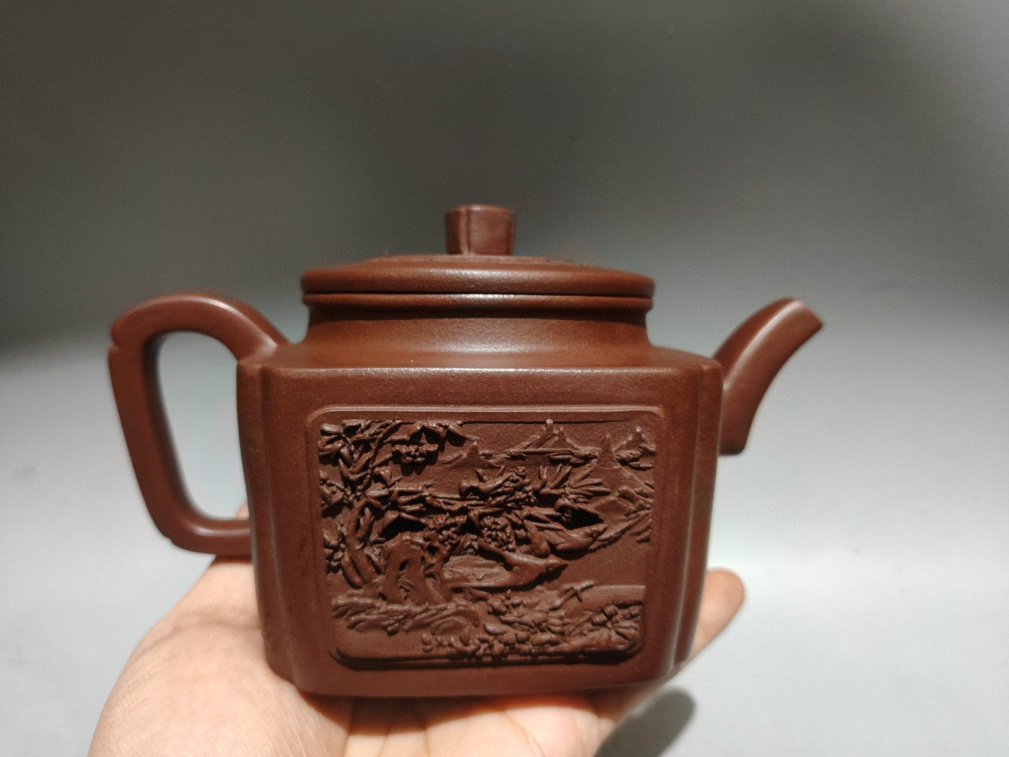 A1877 Chinese Yixing Zisha Low Relief Plum Flower & Magpie Teapot