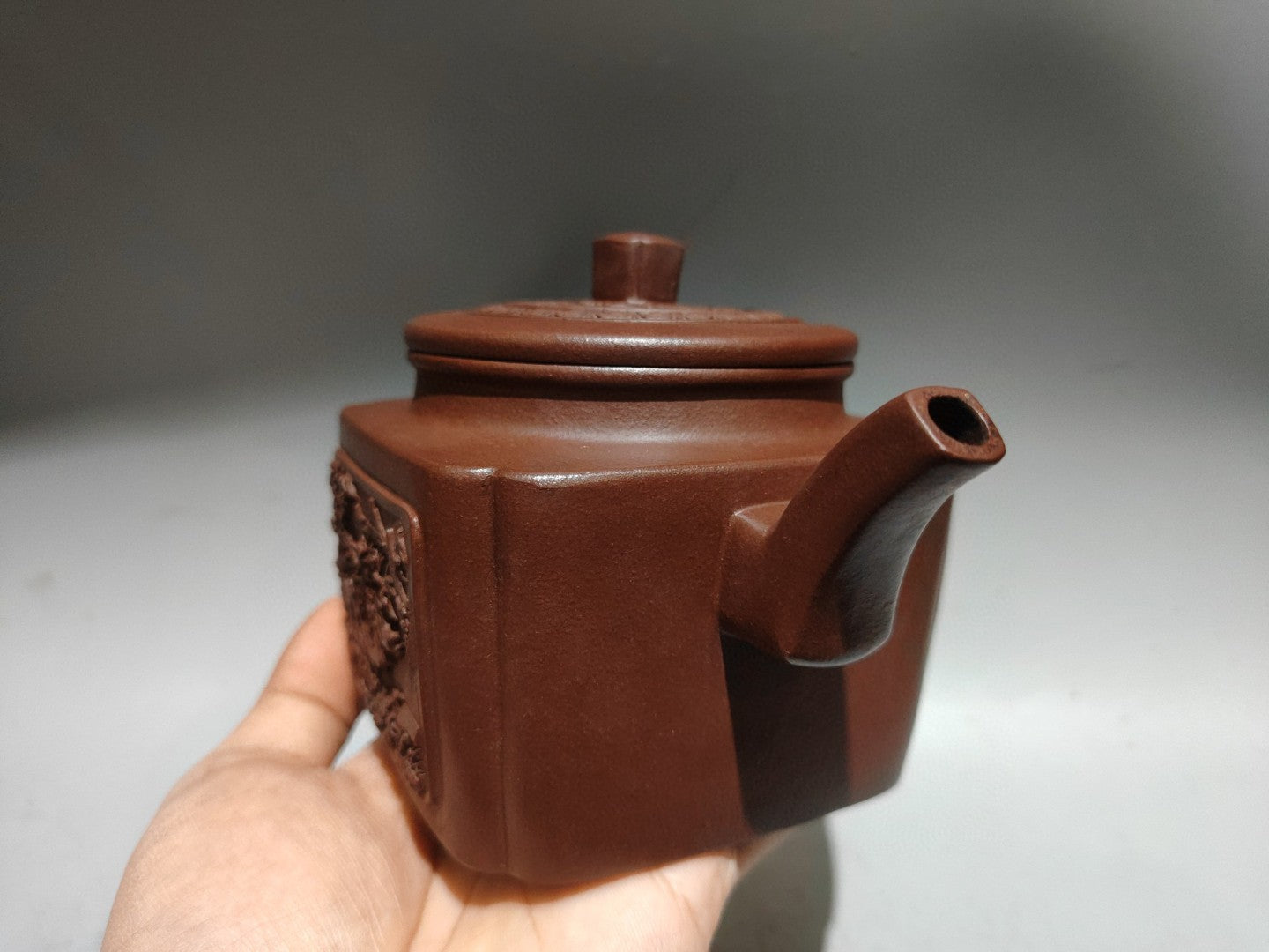 A1877 Chinese Yixing Zisha Low Relief Plum Flower & Magpie Teapot