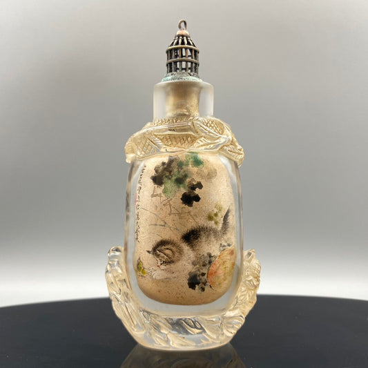 A1882 Old Chinese Peking Glass Inside Painting Cat Design Snuff Bottle w Stopper