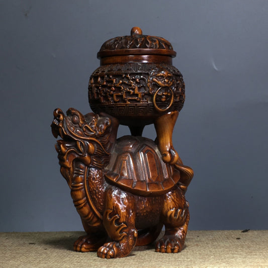 A1883 Vintage Chinese Boxwood Wood Hand Carved Dragon Turtle Incense Burner