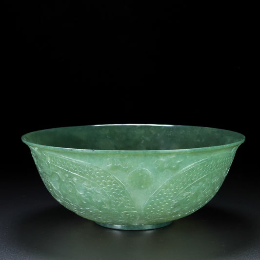 A1887 Vintage Chinese Green Hetian Jade Low Relief Fortune Dragon Bowl