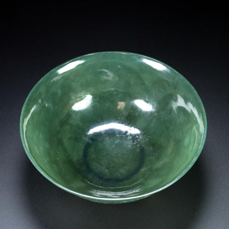 A1887 Vintage Chinese Green Hetian Jade Low Relief Fortune Dragon Bowl