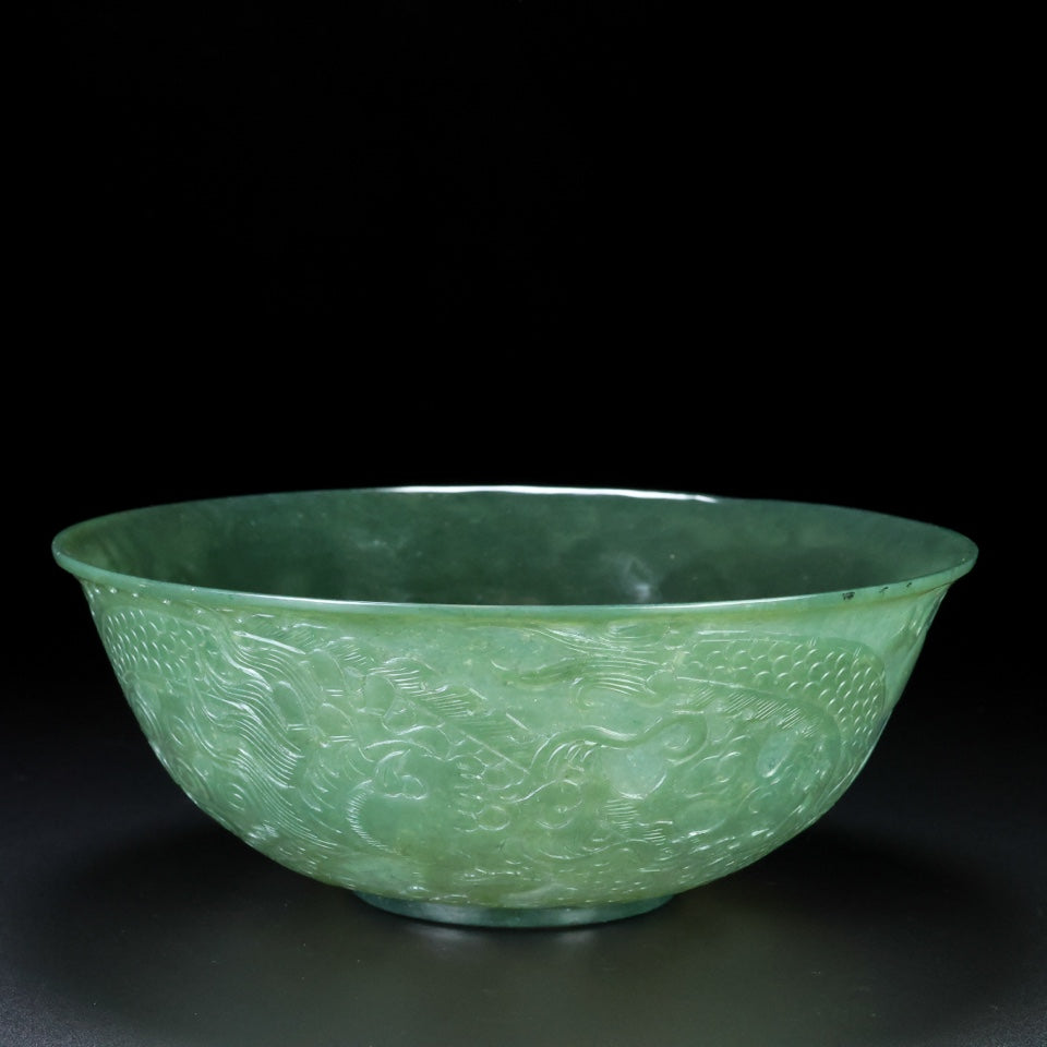 A1887 Vintage Chinese Green Hetian Jade Low Relief Fortune Dragon Bowl