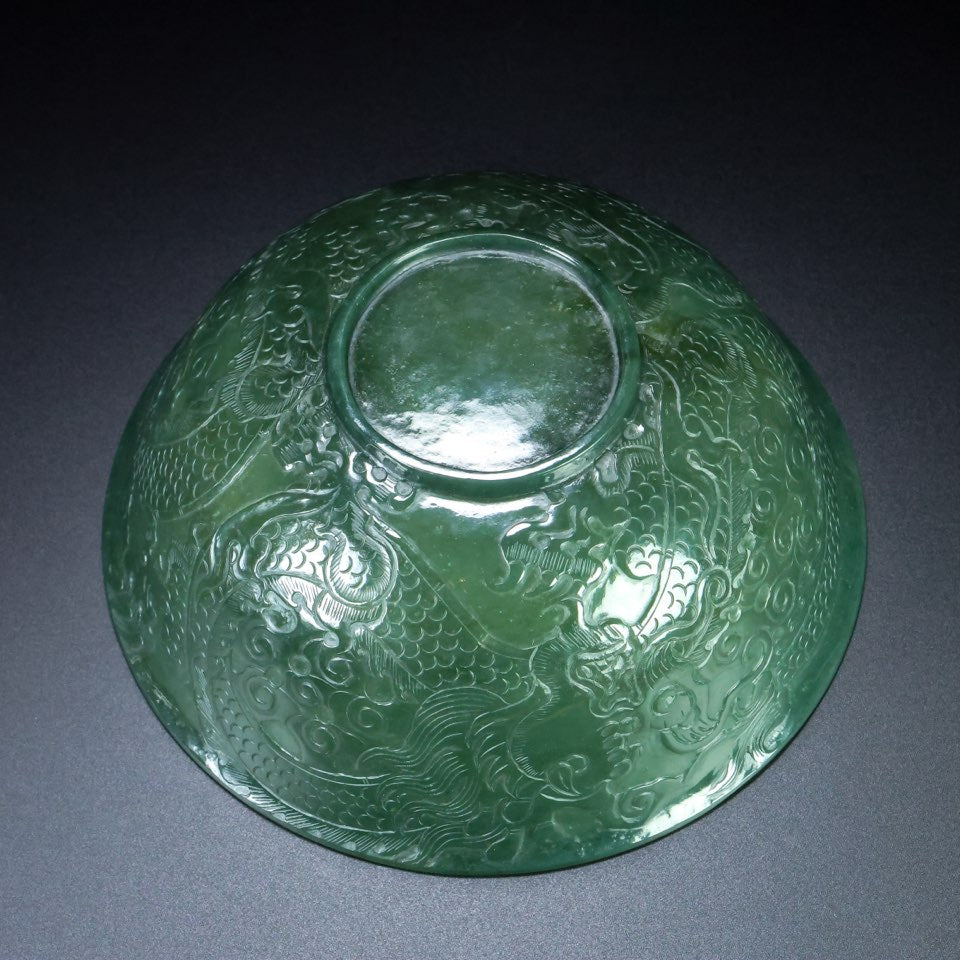 A1887 Vintage Chinese Green Hetian Jade Low Relief Fortune Dragon Bowl