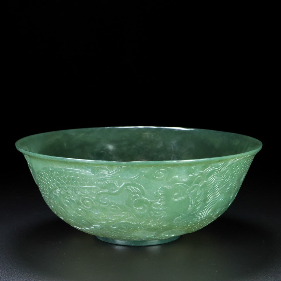 A1887 Vintage Chinese Green Hetian Jade Low Relief Fortune Dragon Bowl