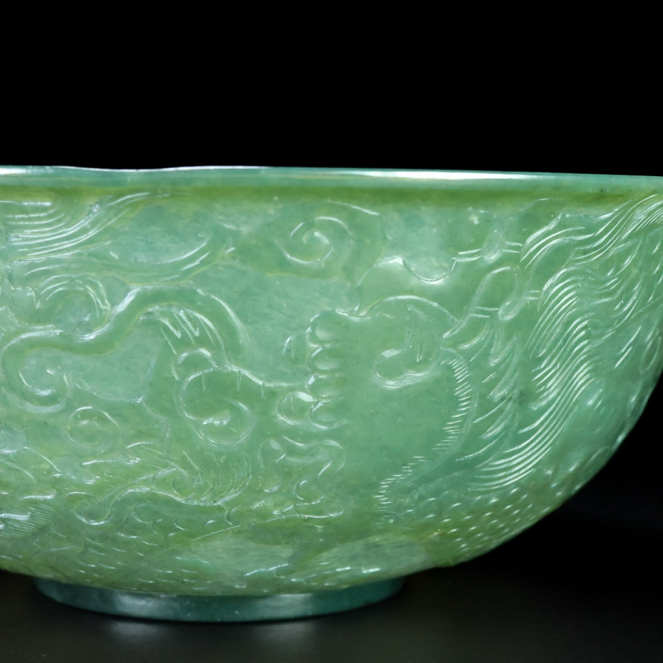 A1887 Vintage Chinese Green Hetian Jade Low Relief Fortune Dragon Bowl