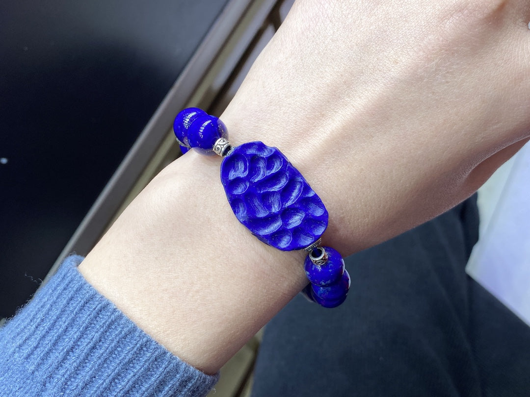 A1888 Chinese 925 Silver Inlay Lapis Lazuli & Beeswax Beads Bracelet