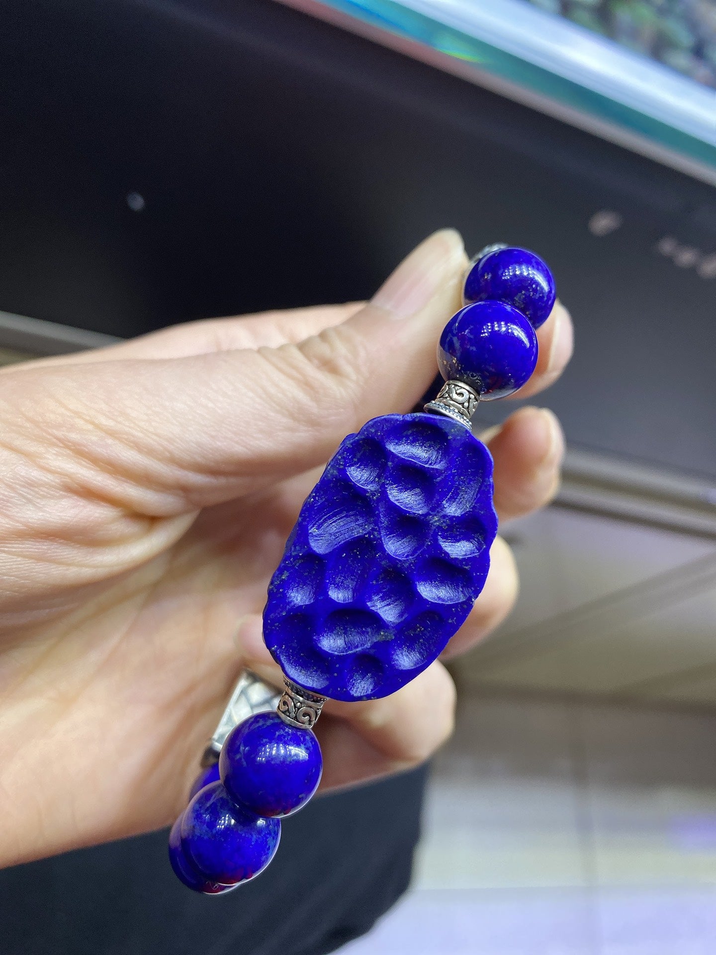 A1888 Chinese 925 Silver Inlay Lapis Lazuli & Beeswax Beads Bracelet