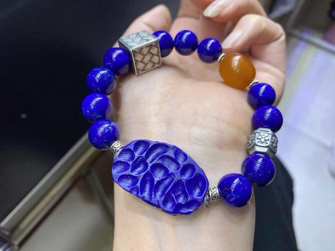A1888 Chinese 925 Silver Inlay Lapis Lazuli & Beeswax Beads Bracelet