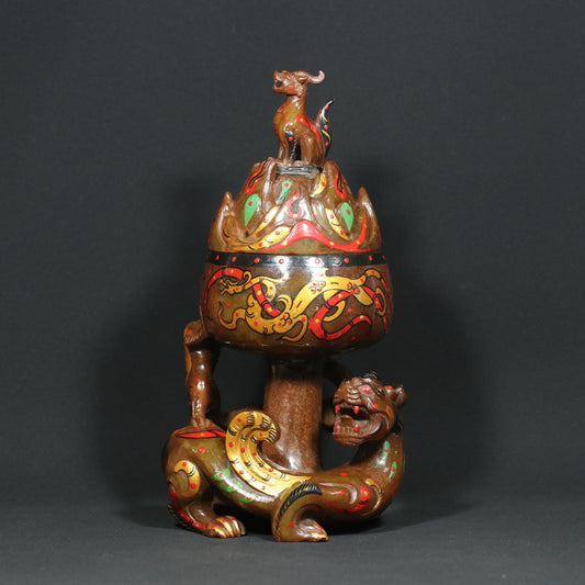 A1892 Vintage Chinese Colored Drawing Hetian Jade Divine Beast Incense Burner