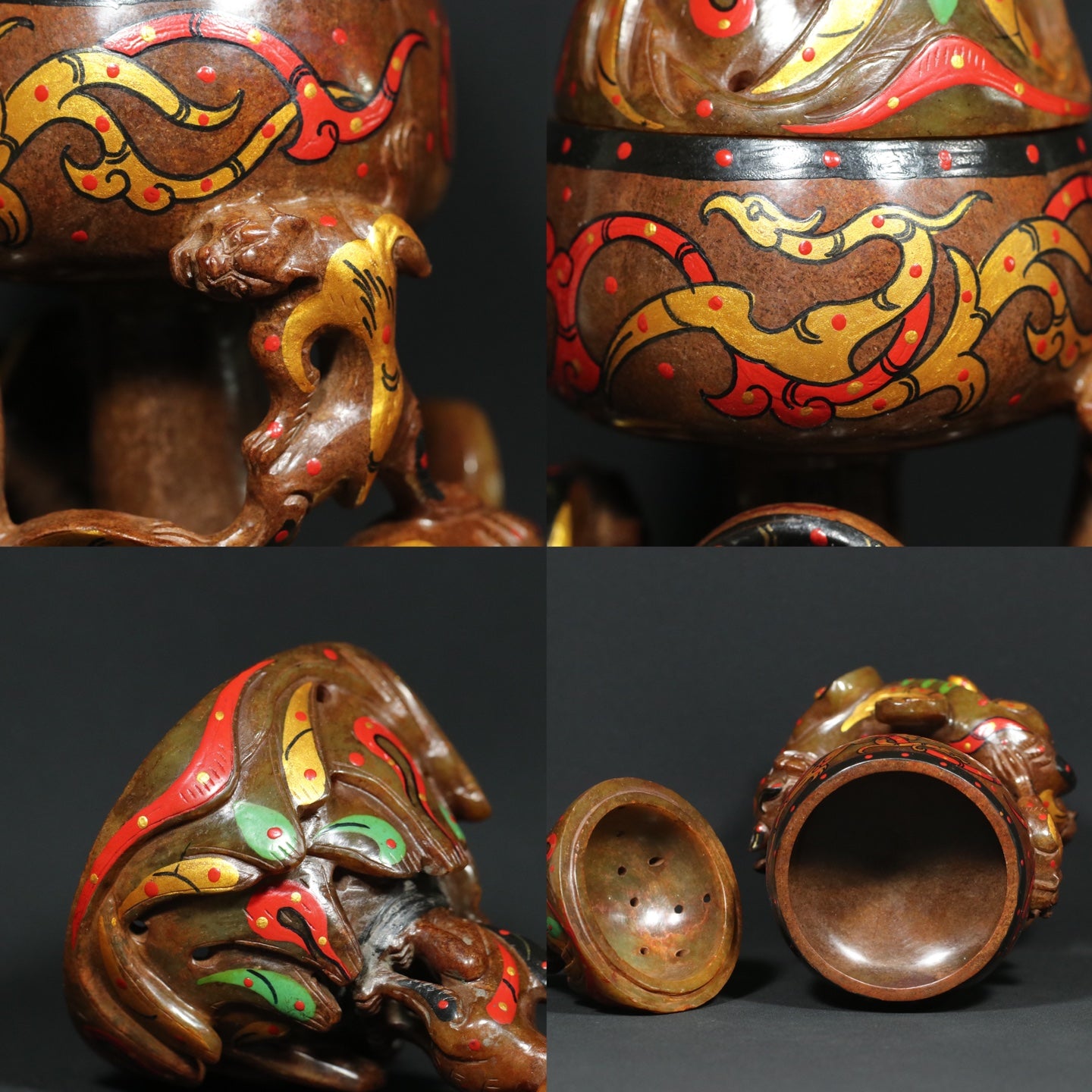 A1892 Vintage Chinese Colored Drawing Hetian Jade Divine Beast Incense Burner