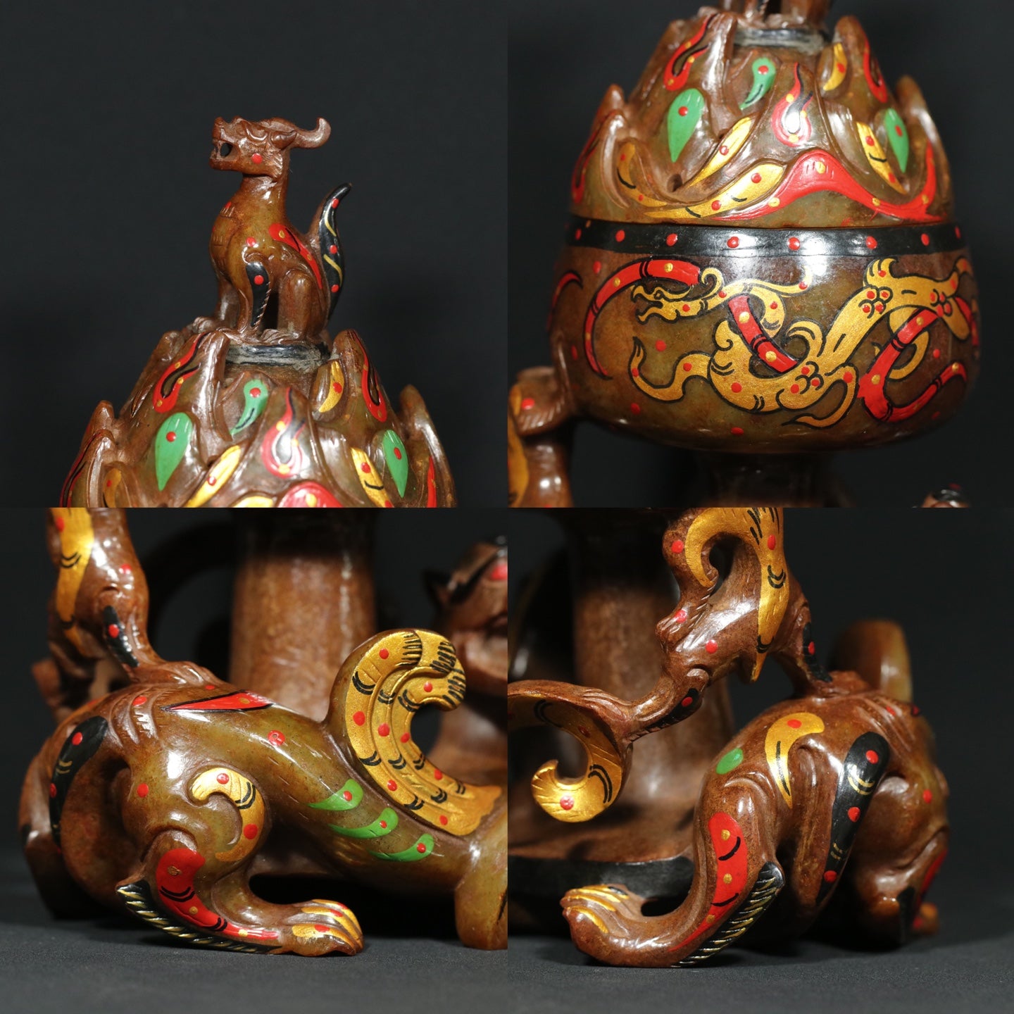 A1892 Vintage Chinese Colored Drawing Hetian Jade Divine Beast Incense Burner