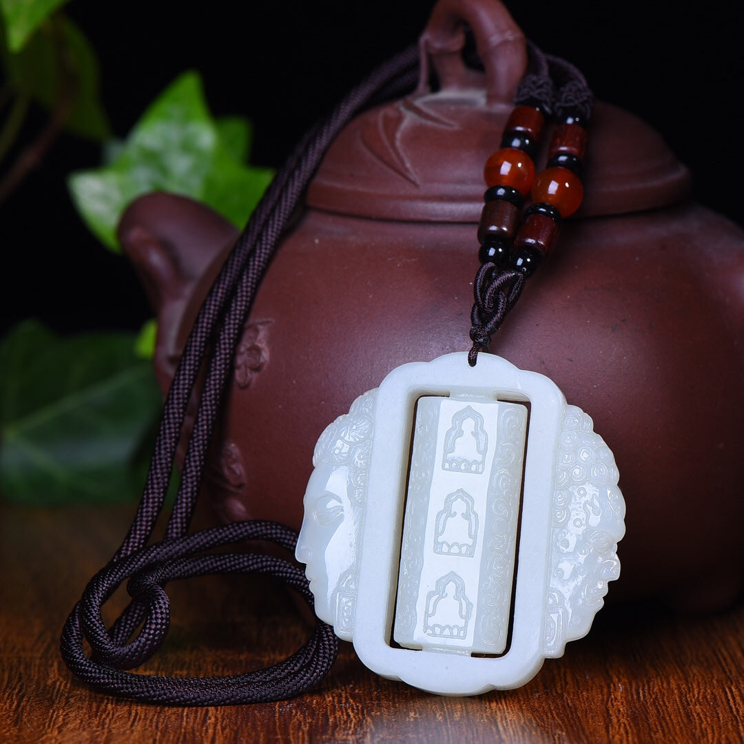 A1894 Openwork Chinese Hetian Jade Buddha Pendant w Hand Woven Agate Beads Necklace