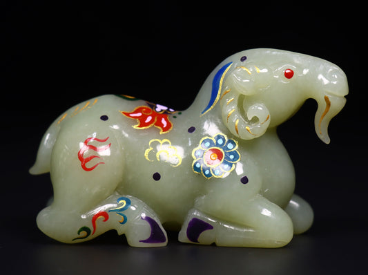 A1899 Chinese Gilt Gold Colored Drawing Hetian Jade Carved Fortune Sheep Statue