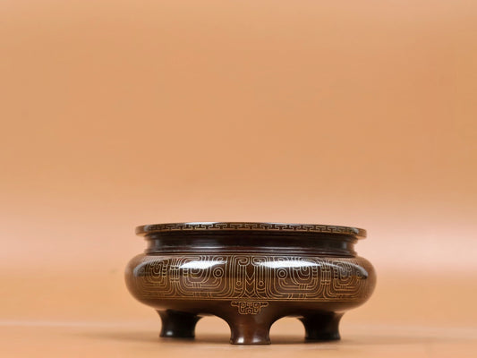 A1900 Vintage Chinese Copper Inlay Silver Wires 3 Leg Incense Burner