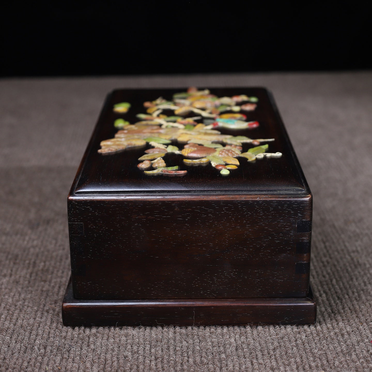 A1902 Chinese Zitan Wood Inlay Shoushan Stone Plum Flower & Magpie Design Jewellery Box