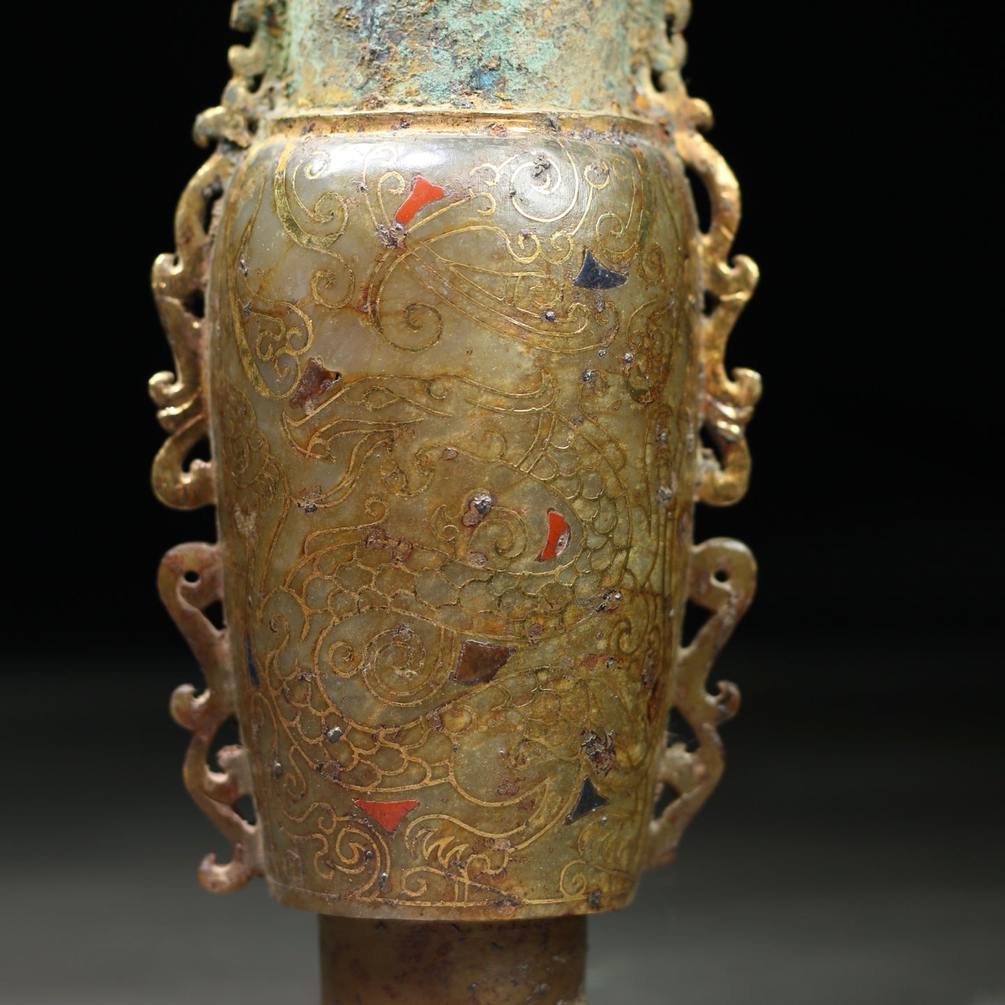 A1910 Vintage Chinese Gilt Gold Hetian Jade Double Ear Vase