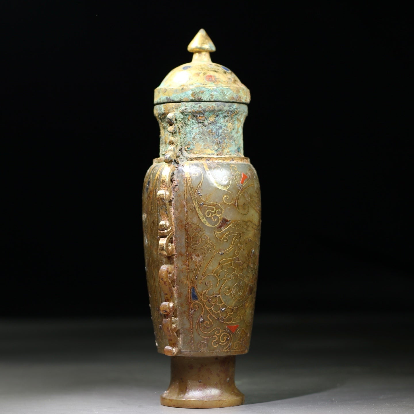 A1910 Vintage Chinese Gilt Gold Hetian Jade Double Ear Vase