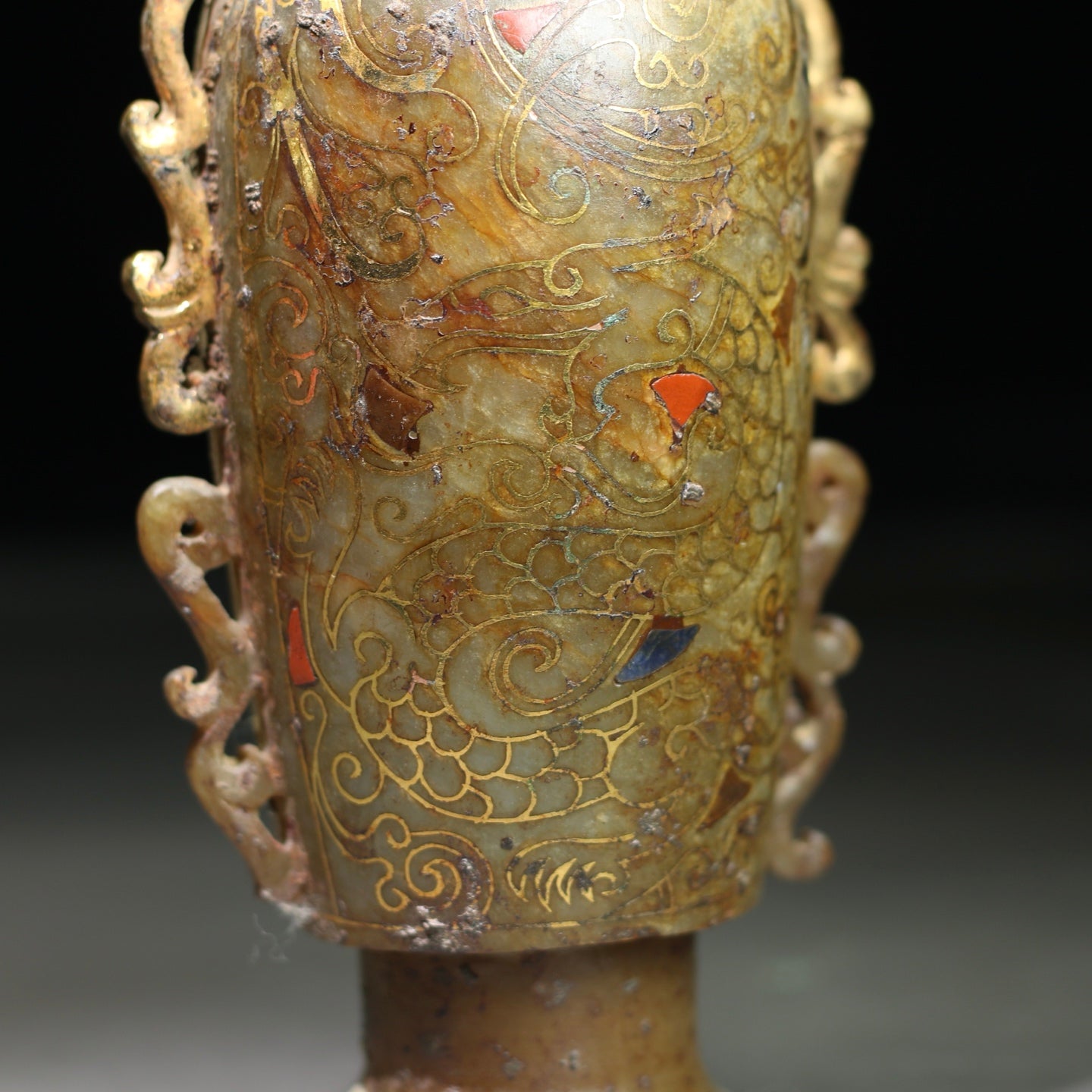 A1910 Vintage Chinese Gilt Gold Hetian Jade Double Ear Vase