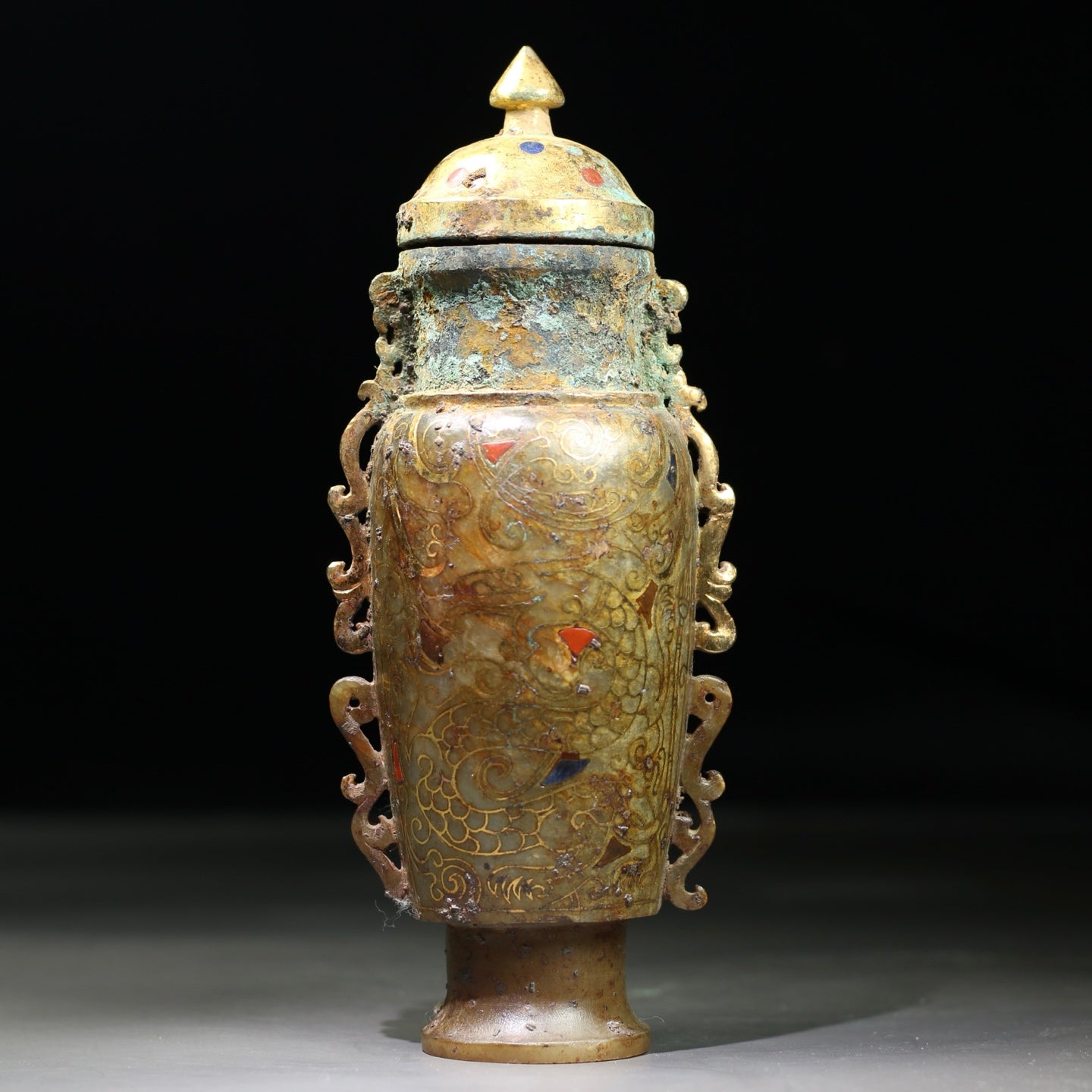 A1910 Vintage Chinese Gilt Gold Hetian Jade Double Ear Vase