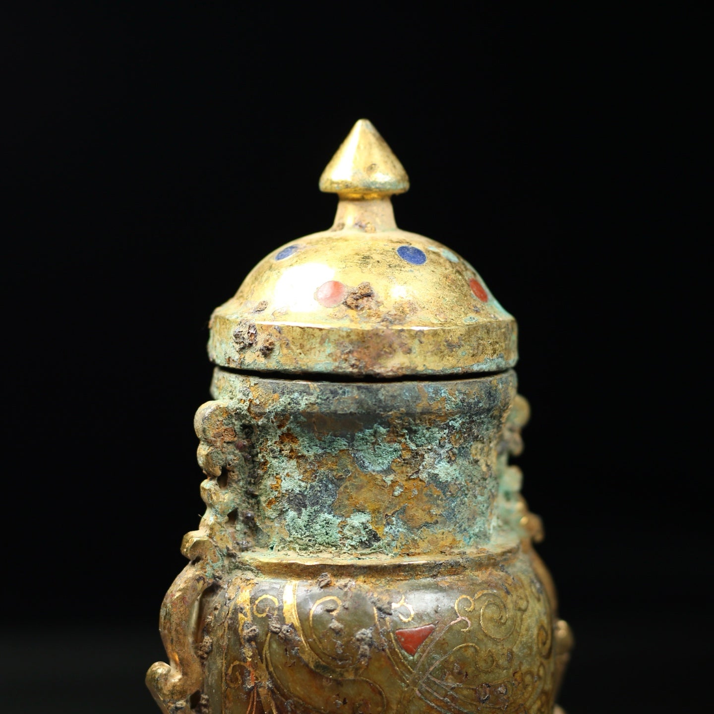 A1910 Vintage Chinese Gilt Gold Hetian Jade Double Ear Vase