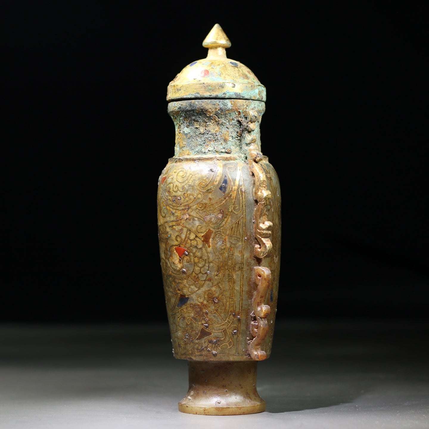 A1910 Vintage Chinese Gilt Gold Hetian Jade Double Ear Vase