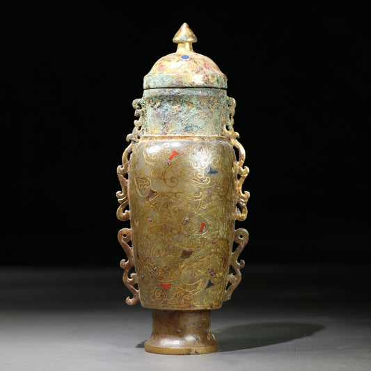 A1910 Vintage Chinese Gilt Gold Hetian Jade Double Ear Vase