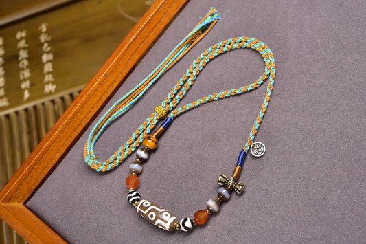 A1913 Tibetan 9 Eye DZI Agate Lucky Pendant w Hand Woven Beads Necklace