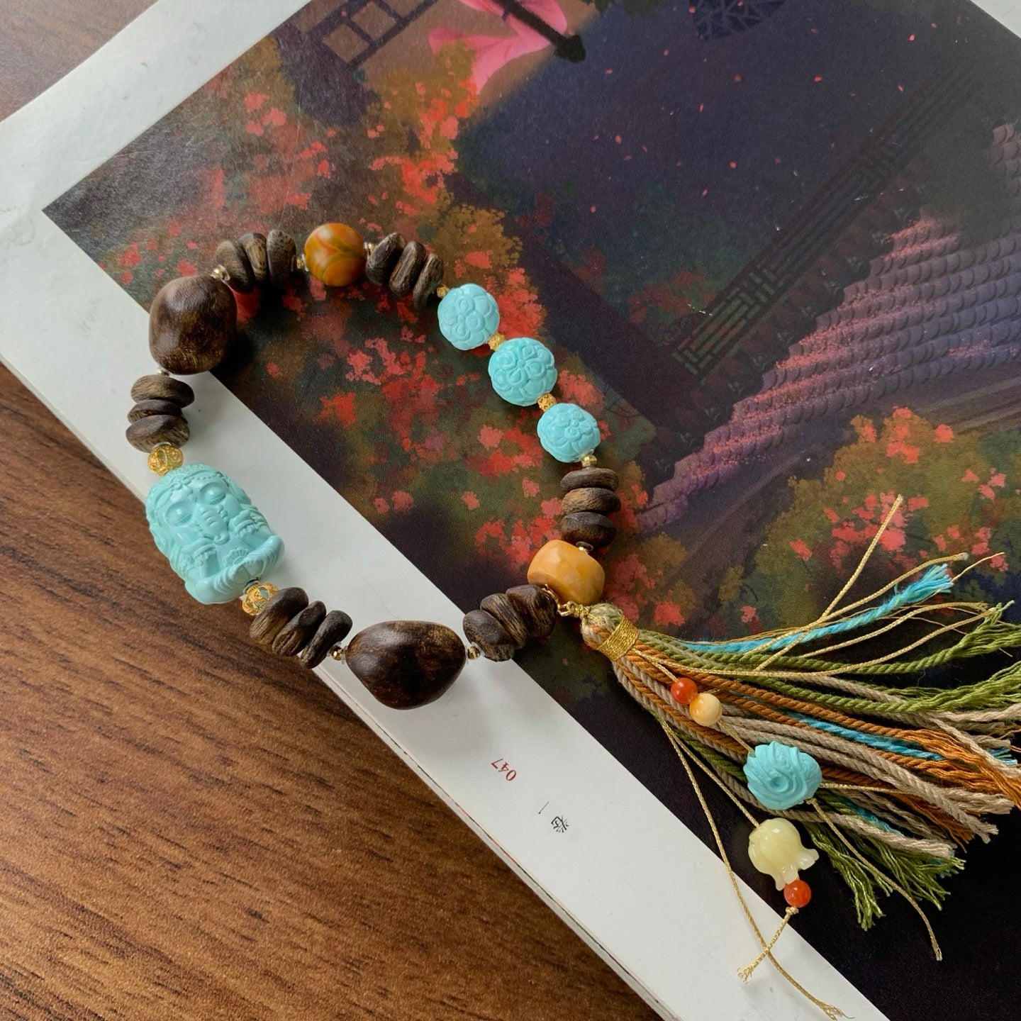 A1915 Exquisite Hand Woven 18K Gold Turquoise Ganesha Buddha Beads & Chenxiang Wood Beads Bracelete