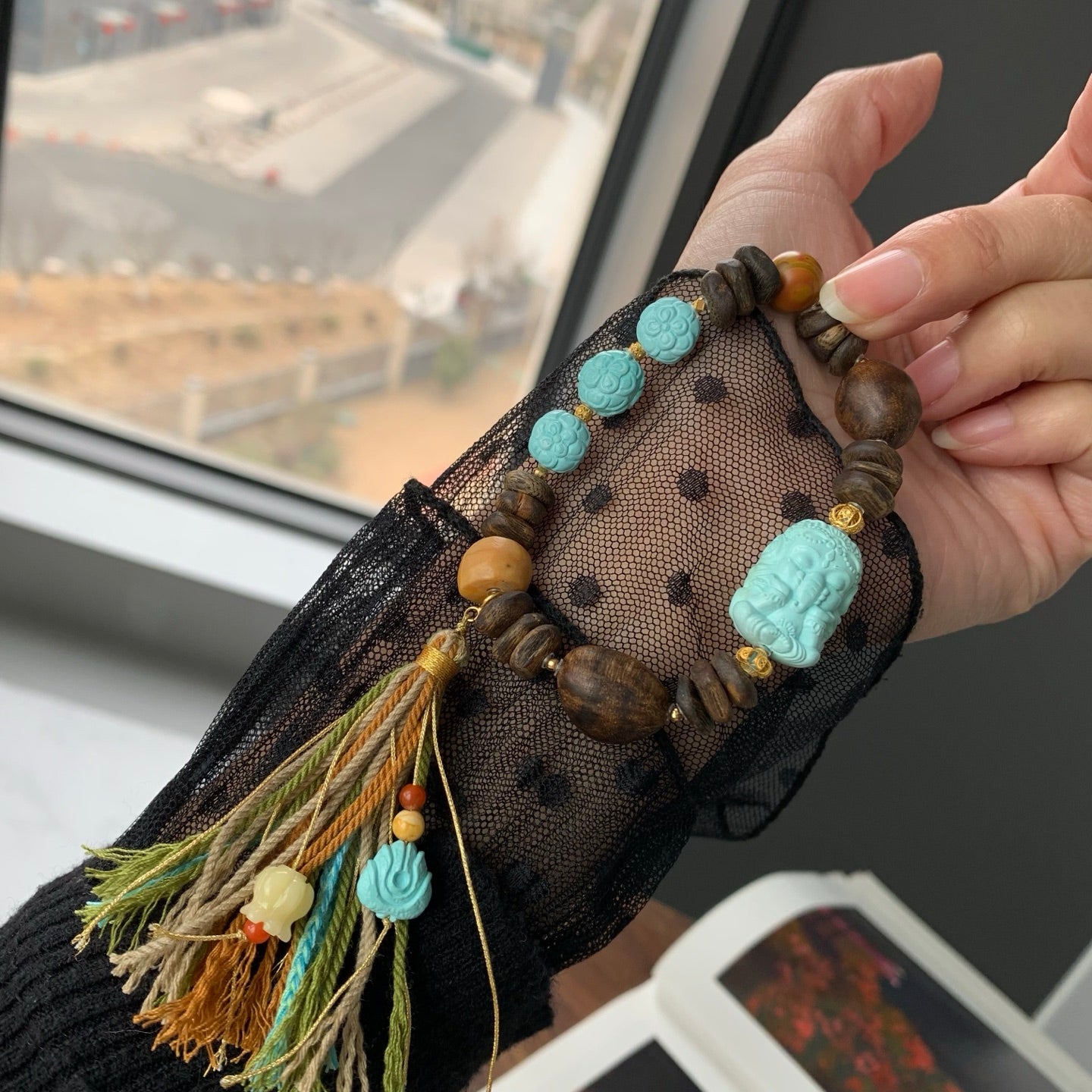A1915 Exquisite Hand Woven 18K Gold Turquoise Ganesha Buddha Beads & Chenxiang Wood Beads Bracelete