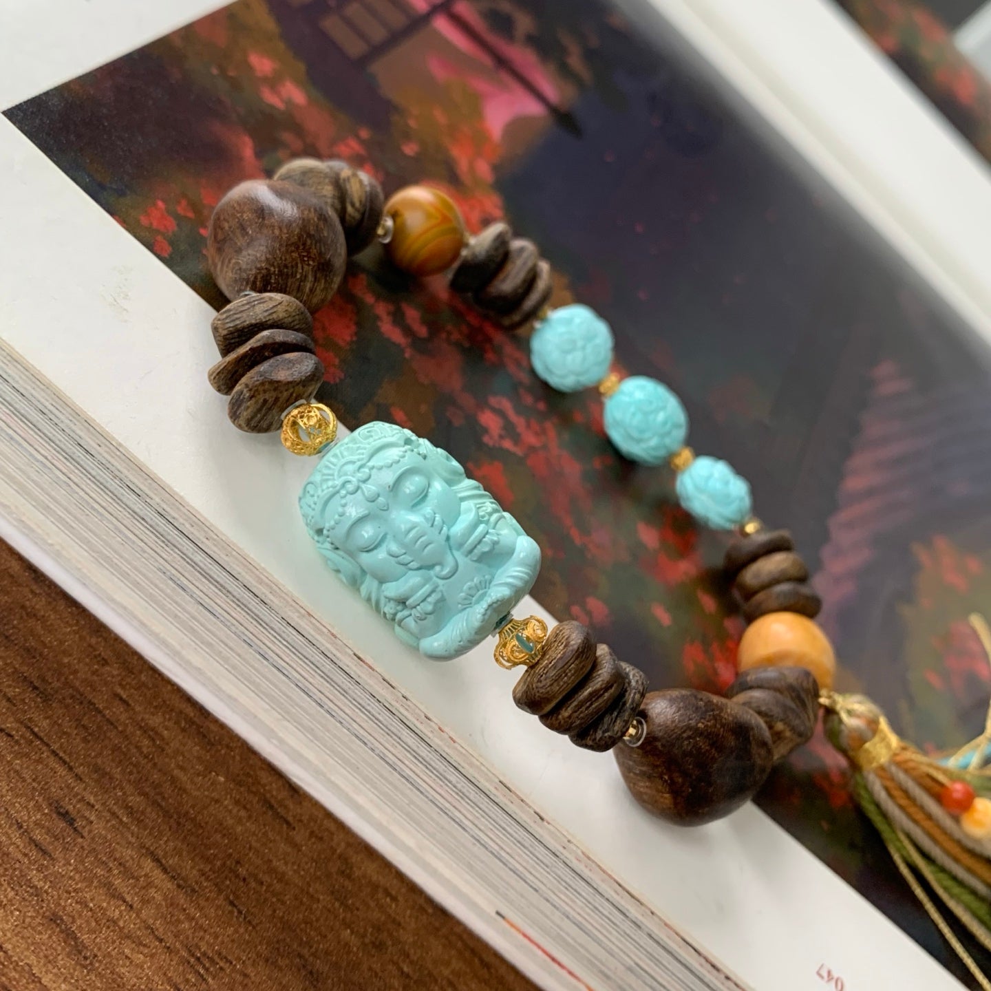 A1915 Exquisite Hand Woven 18K Gold Turquoise Ganesha Buddha Beads & Chenxiang Wood Beads Bracelete