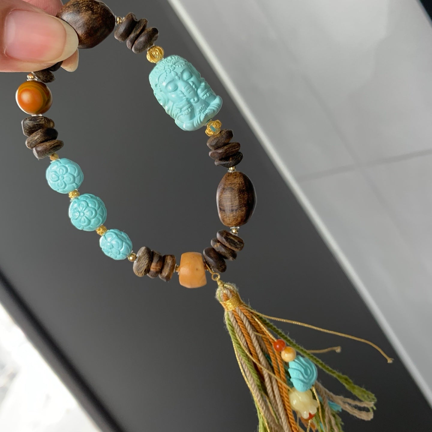 A1915 Exquisite Hand Woven 18K Gold Turquoise Ganesha Buddha Beads & Chenxiang Wood Beads Bracelete
