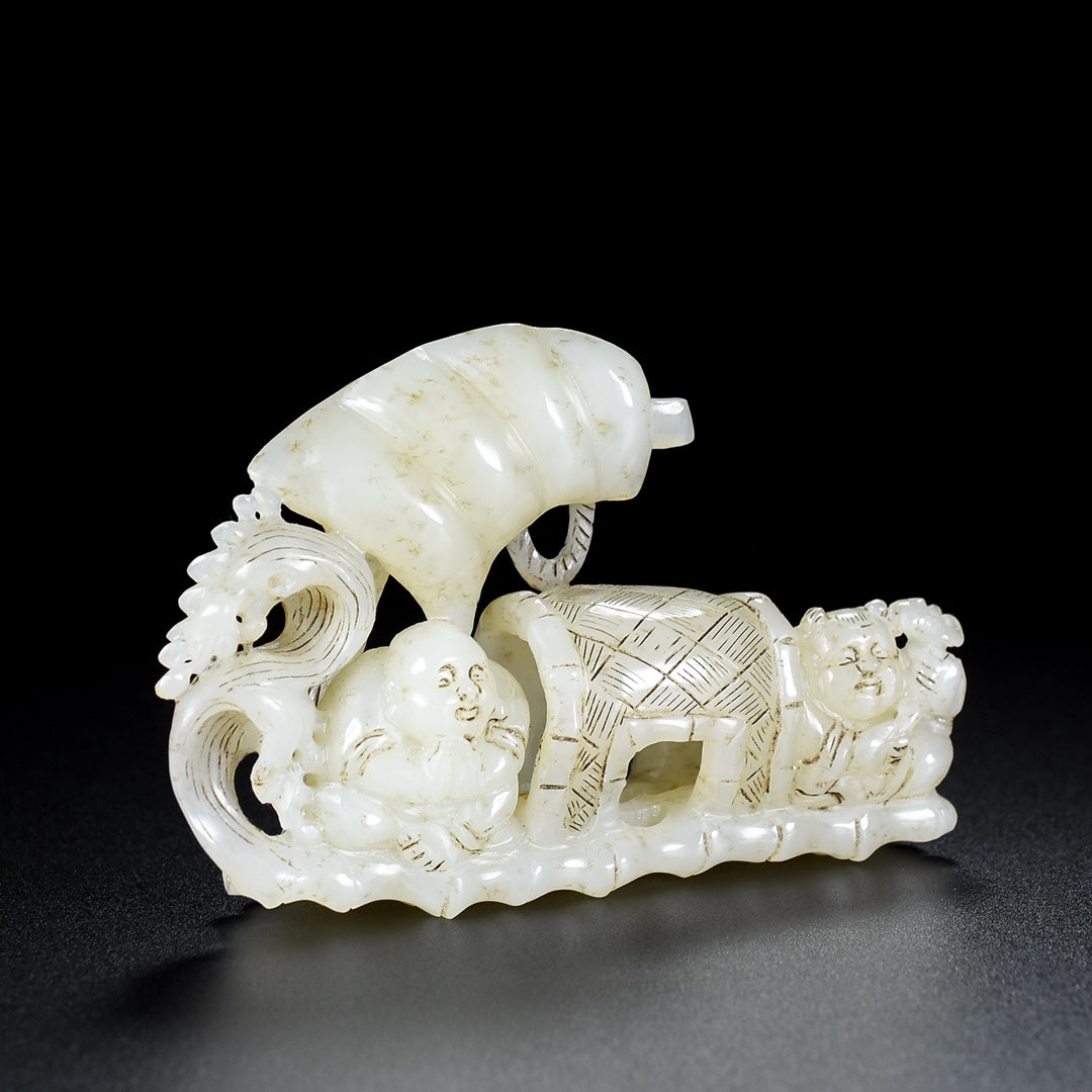 A1919 Superb Old Chinese Hetian Jade Carved Boat & Kid Statue