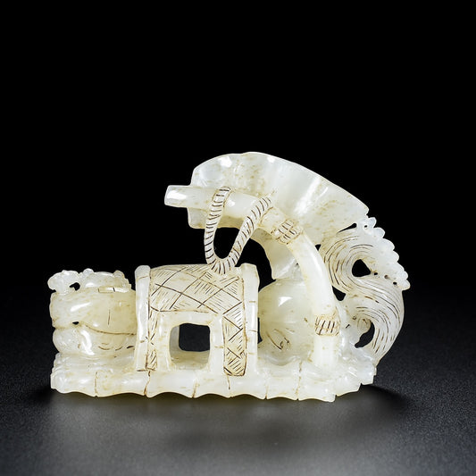 A1919 Superb Old Chinese Hetian Jade Carved Boat & Kid Statue