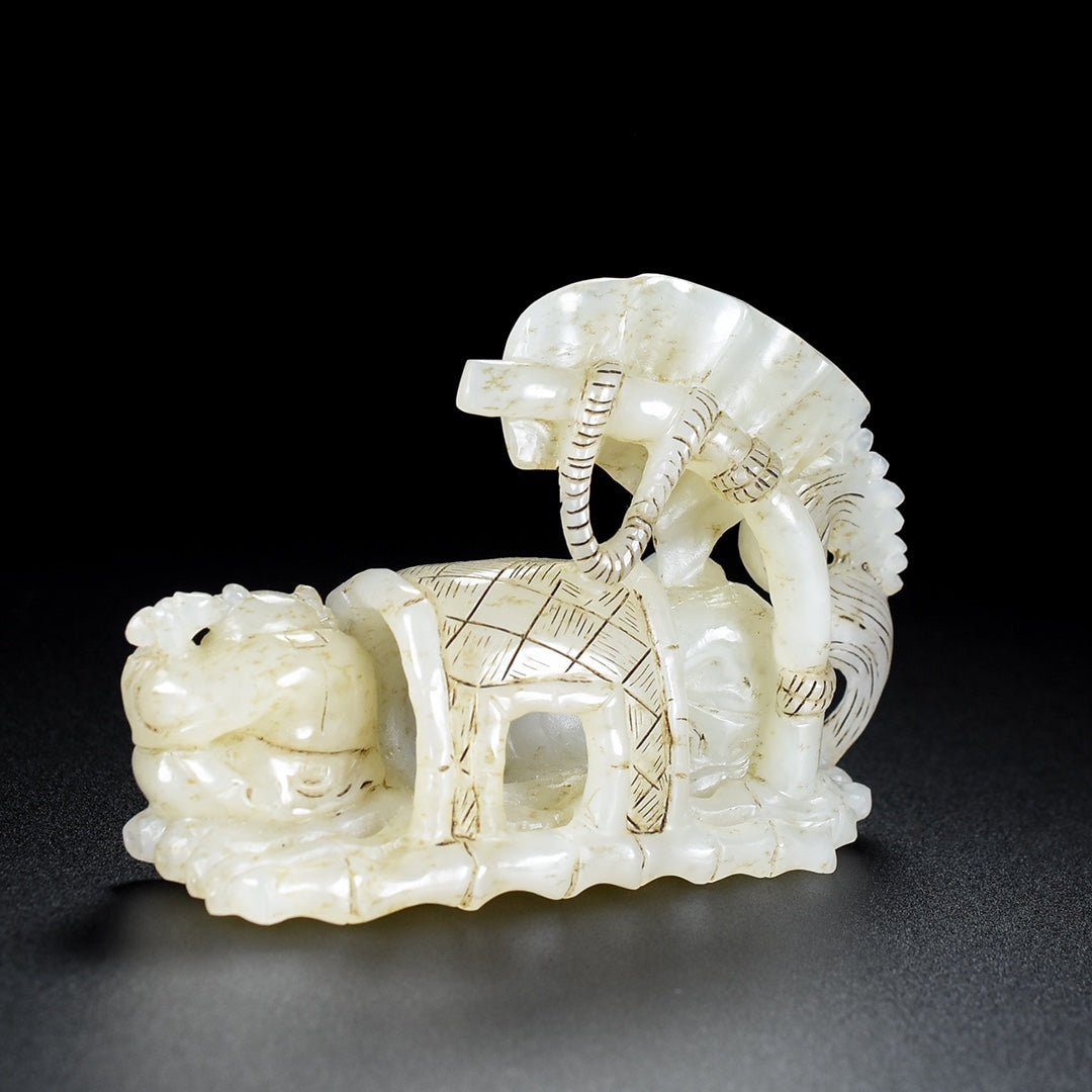 A1919 Superb Old Chinese Hetian Jade Carved Boat & Kid Statue