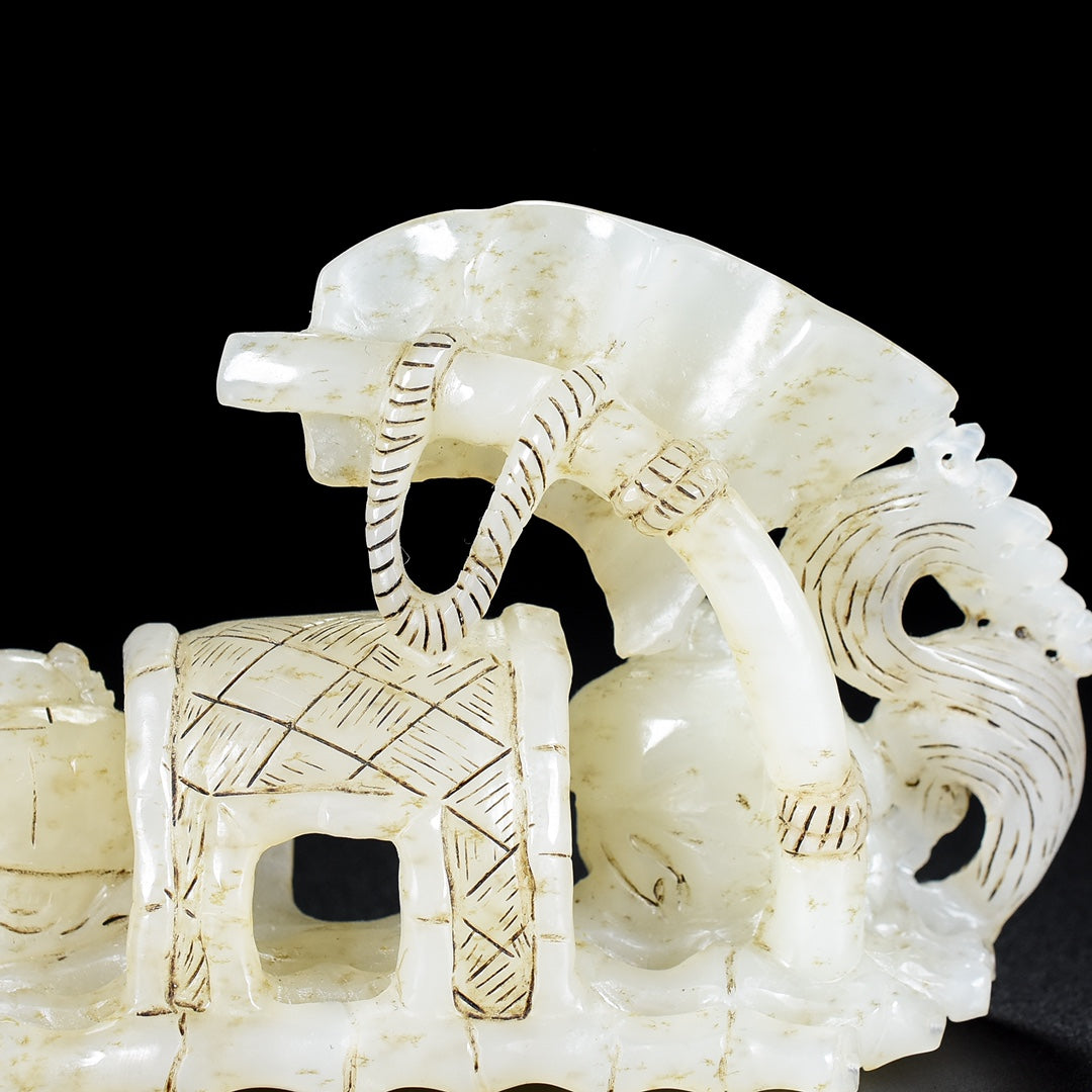 A1919 Superb Old Chinese Hetian Jade Carved Boat & Kid Statue
