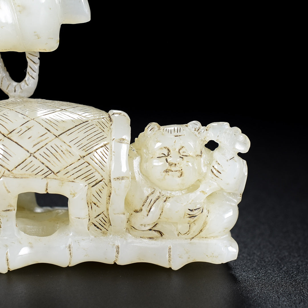 A1919 Superb Old Chinese Hetian Jade Carved Boat & Kid Statue