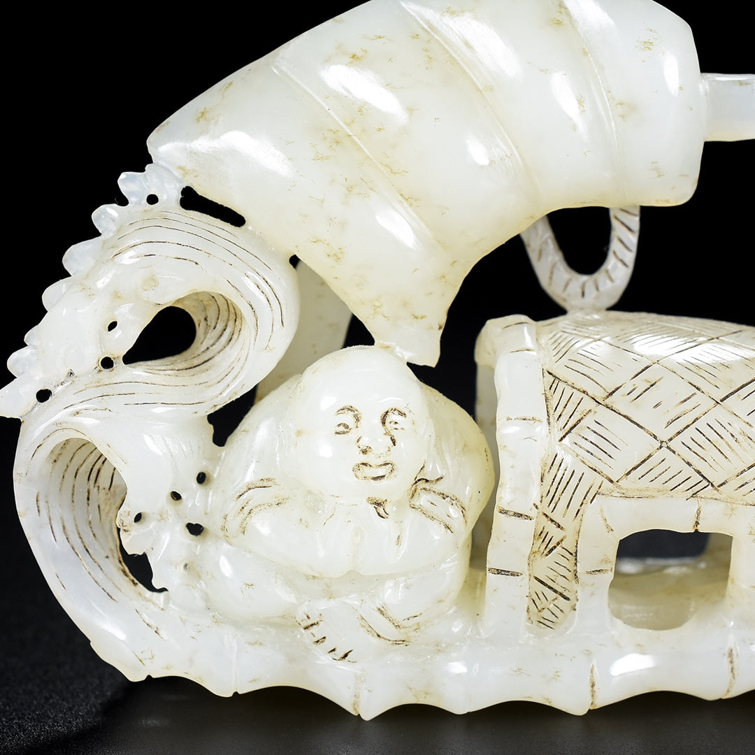 A1919 Superb Old Chinese Hetian Jade Carved Boat & Kid Statue