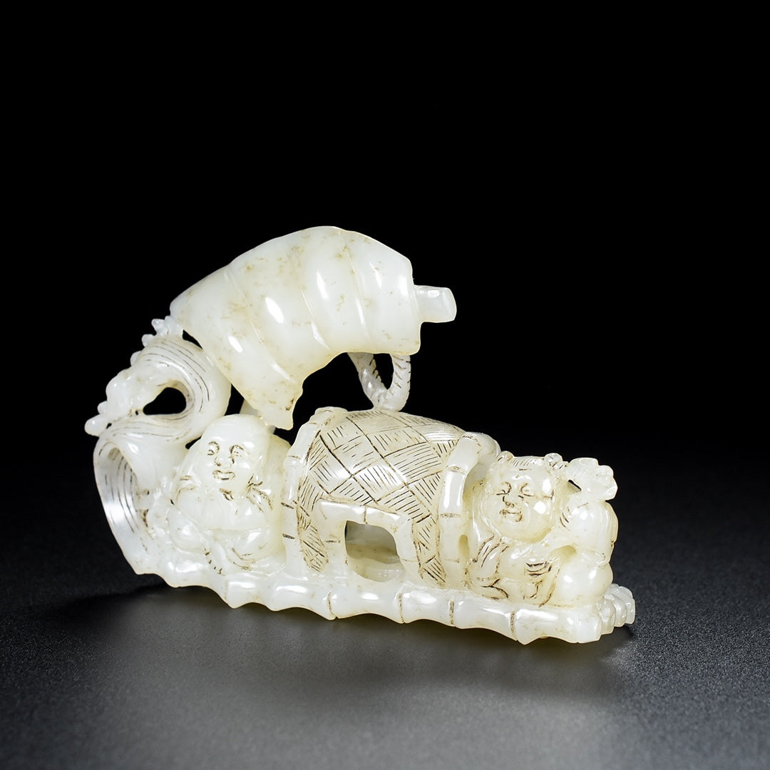 A1919 Superb Old Chinese Hetian Jade Carved Boat & Kid Statue
