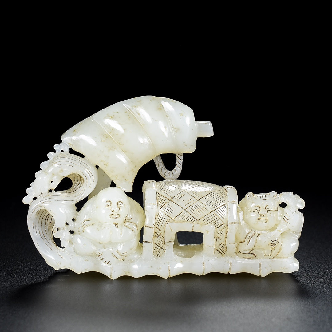 A1919 Superb Old Chinese Hetian Jade Carved Boat & Kid Statue