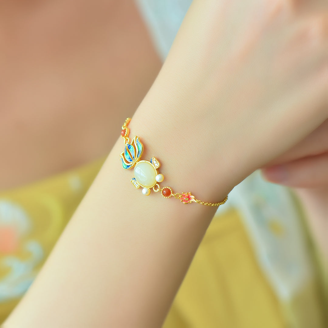A1920 Beautiful Chinese 925 Silver Enamel Inlay Hetian Jade Goldfish Beads Bracelet