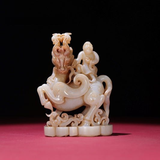 A1925 High Quality Chinese Hetian Jade Carved Fortune Deer & Figure Statue