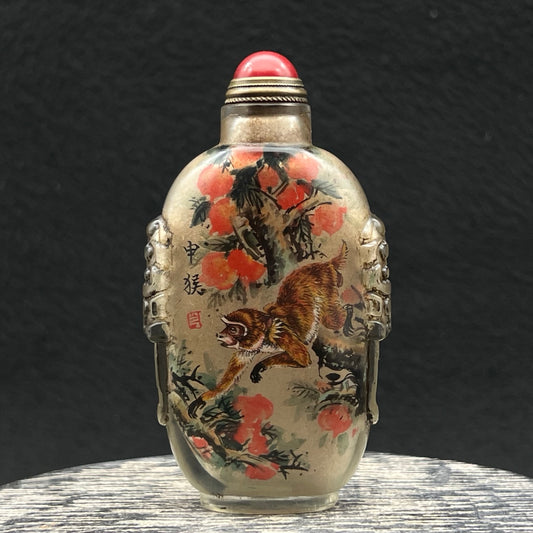 A1927 Old Chinese Peking Glass Inside Painting Monkey & Peach Design Snuff Bottle w Stopper