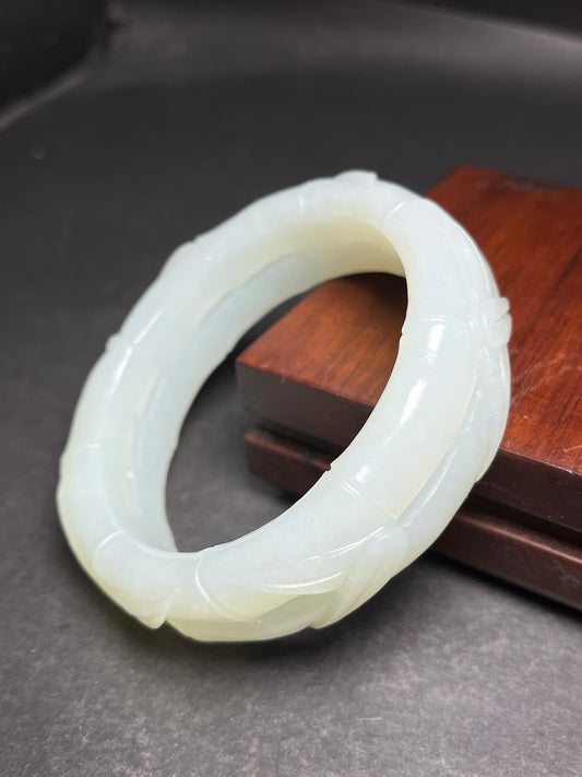 A1928 Inside Diameter 57 MM Chinese White Hetian Jade Fortune Bamboo Bracelet