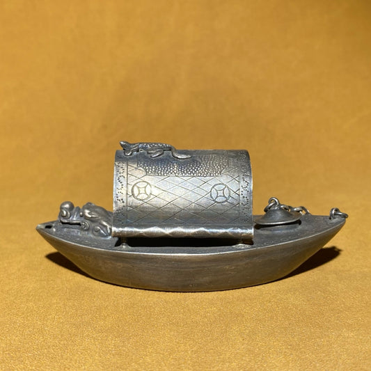 A1929 Vintage Chinese Pure Silver Boat Shape Statue - YanDi
